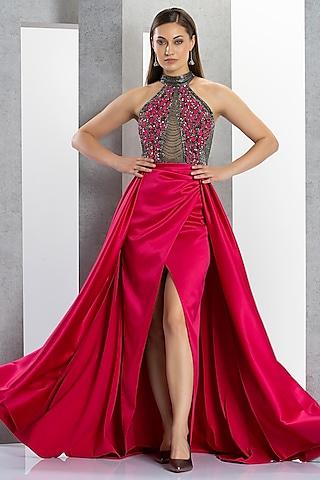 fuchsia pink net & polyester satin hand embroidered gown