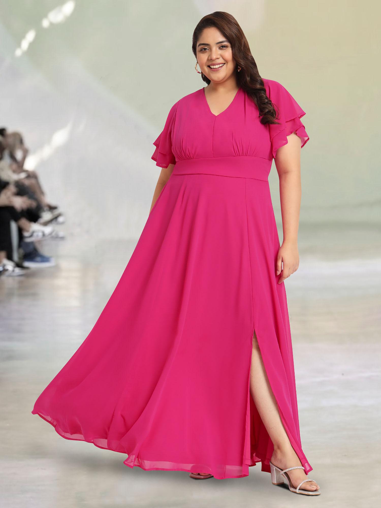 fuchsia pink plus size styled back maxi dress