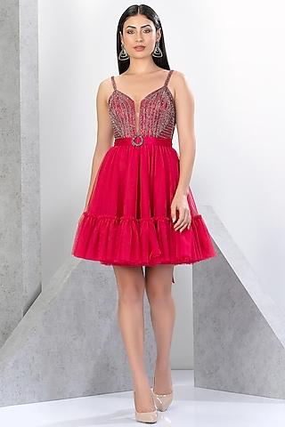 fuchsia pink polyester net crystal & sequins embroidered handmade mini dress