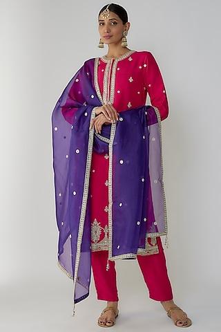 fuchsia pink pure silk hand embellished kurta set