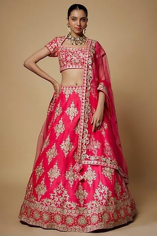 fuchsia pink raw silk & net aari embroidered lehenga set