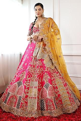 fuchsia pink raw silk embroidered lehenga set