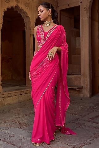 fuchsia pink silk & georgette pre-draped saree set