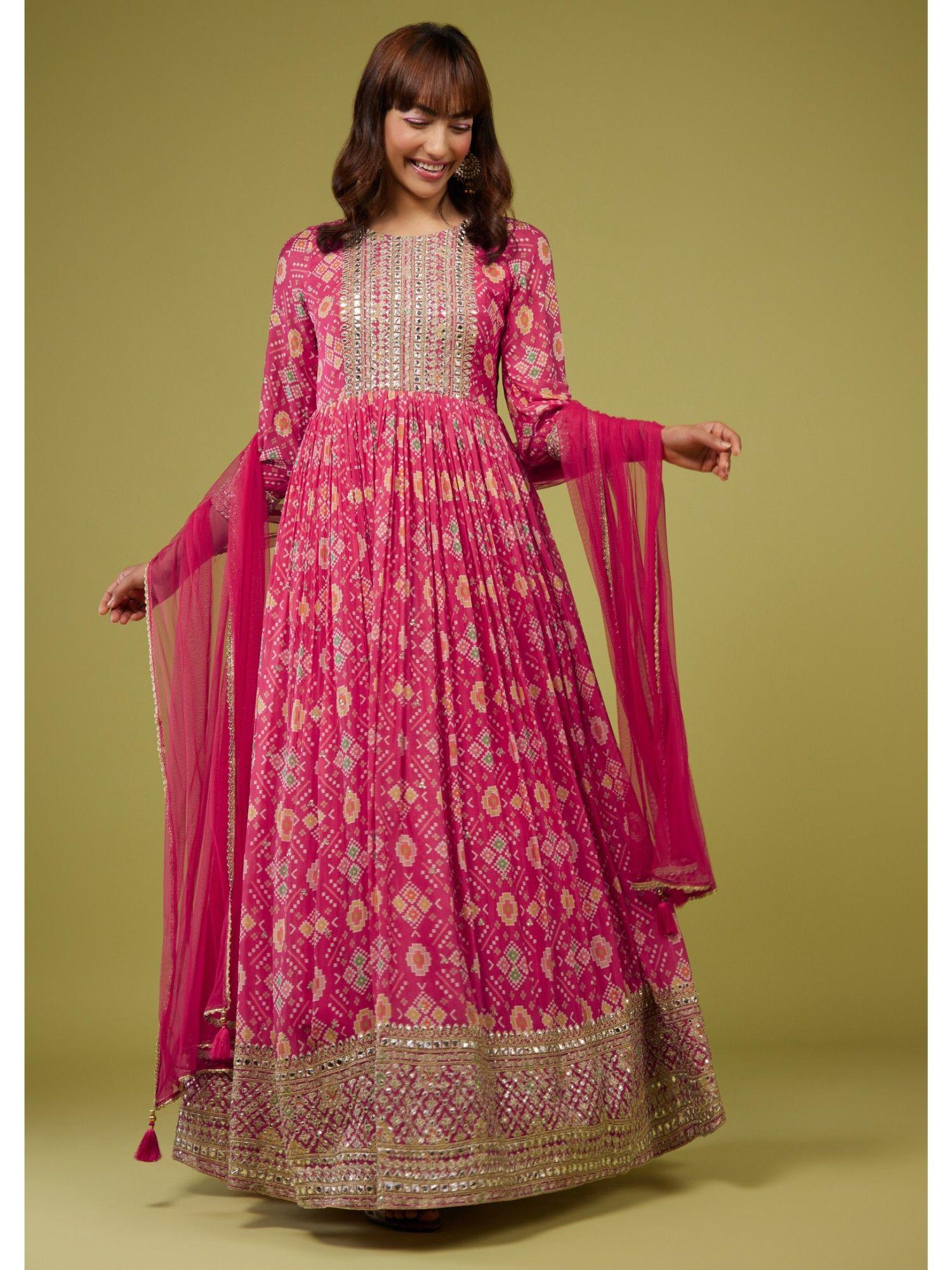 fuchsia pink silk anarkali suit in patola print (set of 3)