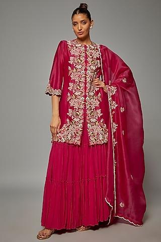 fuchsia pink silk chanderi embroidered kurta set