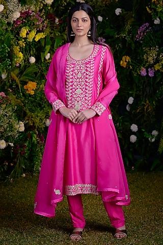 fuchsia pink silk chanderi thread embroidered kurta set