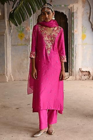 fuchsia pink silk jaal embroidered a-line kurta set