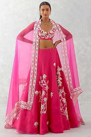 fuchsia pink silk organza embroidered lehenga set