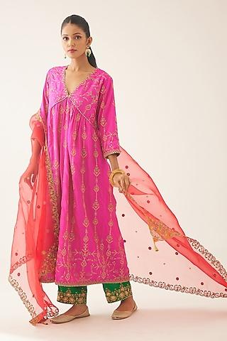 fuchsia pink silk thread embroidered kurta set