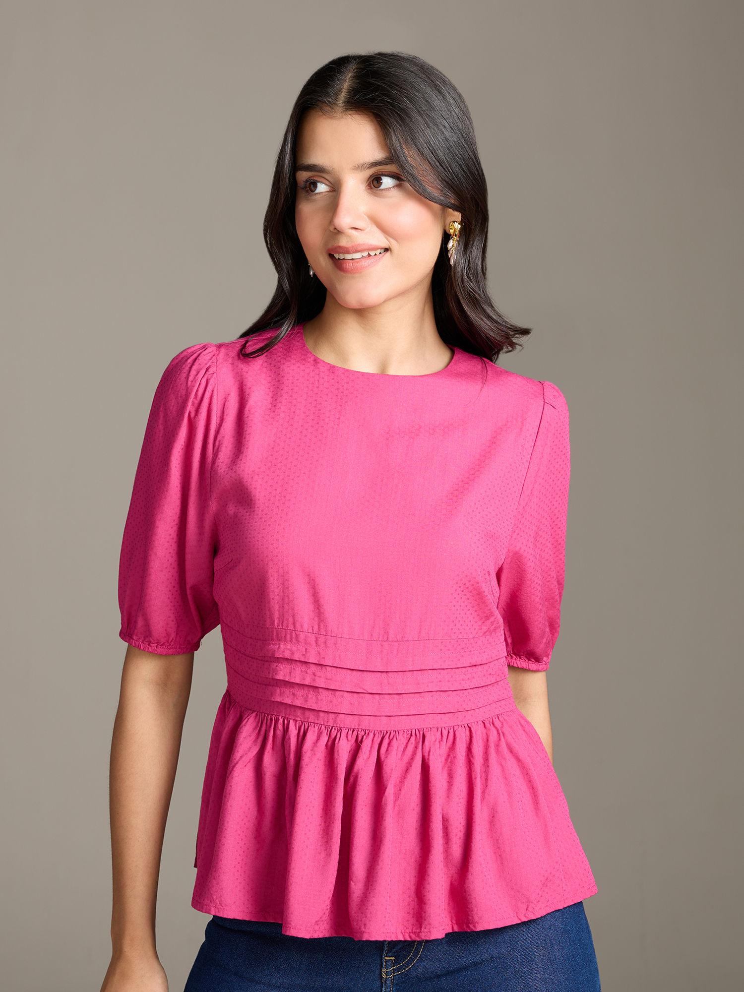 fuchsia pink solid round neck elbow sleeves peplum top