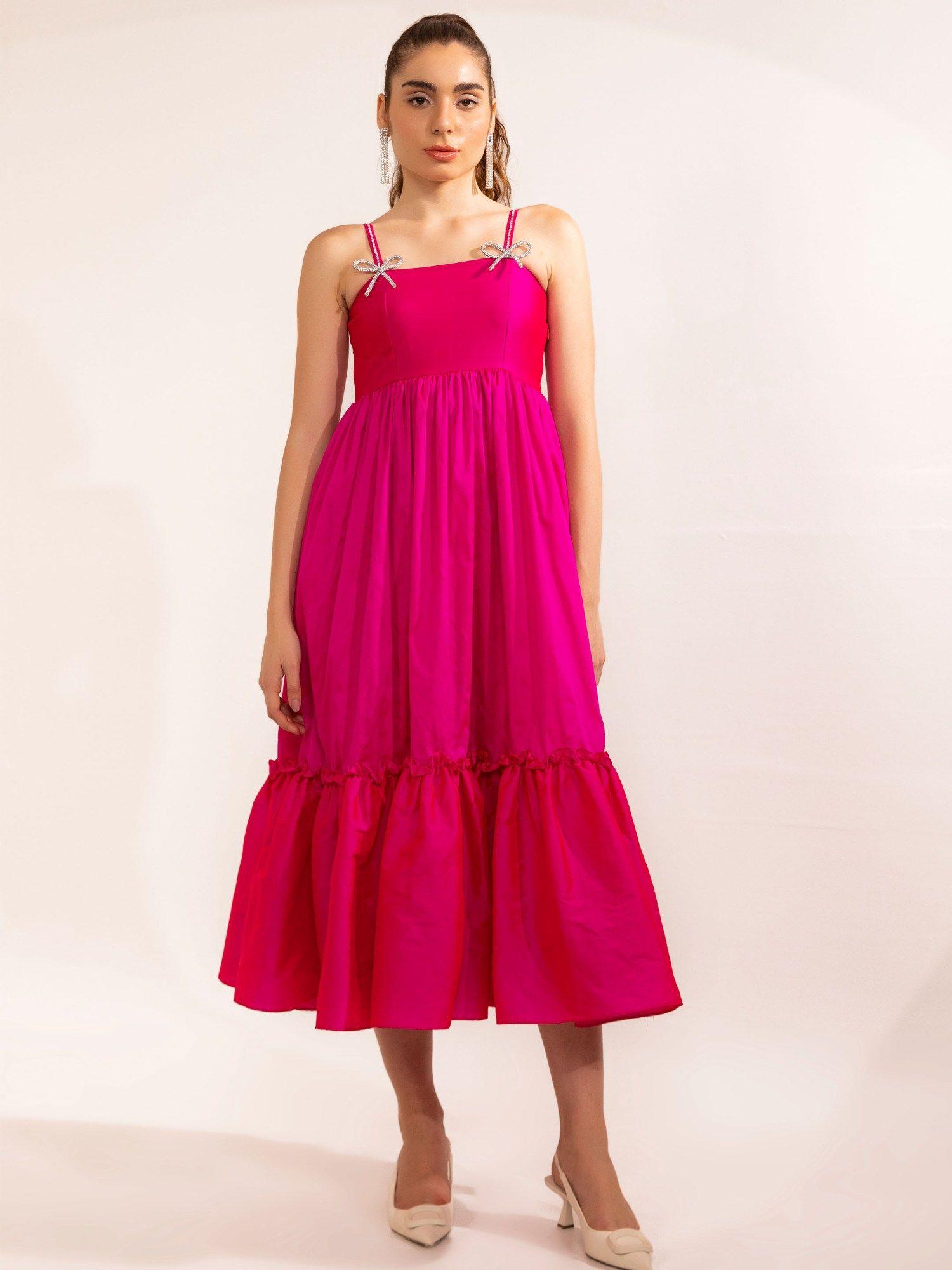fuchsia pink with rhinestone midi dress