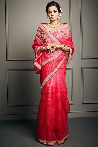 fuchsia pink zardosi embroidered saree set