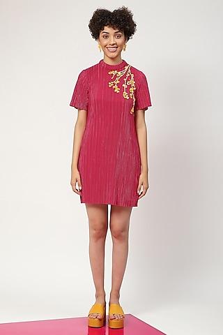 fuchsia pleated fabric embroidered dress
