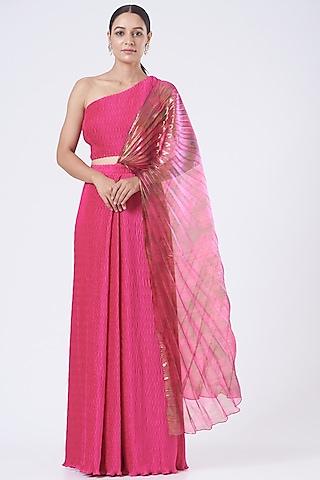 fuchsia pleated satin draped saree set