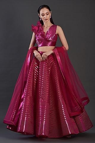 fuchsia polymer striped lehenga set