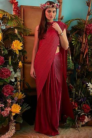 fuchsia pre-stitched pleated saree set