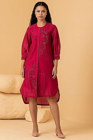 fuchsia pure chanderi thread & pearl embroidered dress