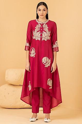 fuchsia pure chanderi zari & pearl embroidered tunic set