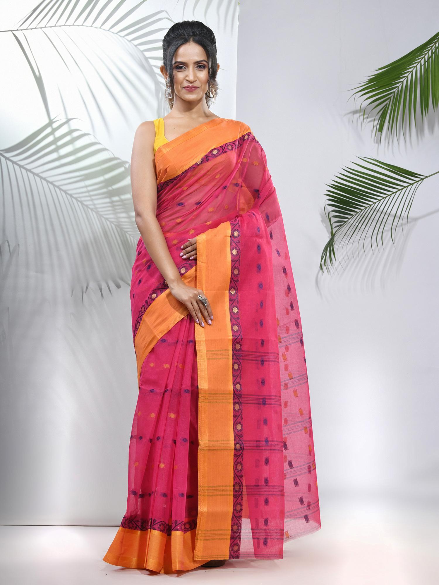 fuchsia pure cotton tant woven designs saree without blouse