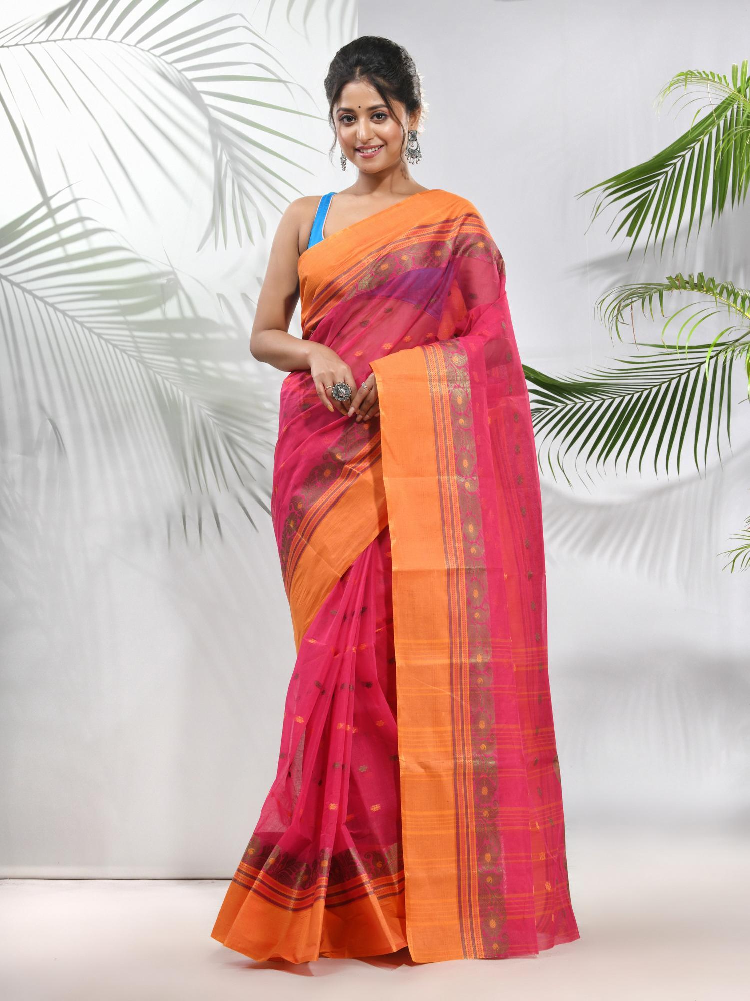 fuchsia pure cotton tant woven designs saree without blouse