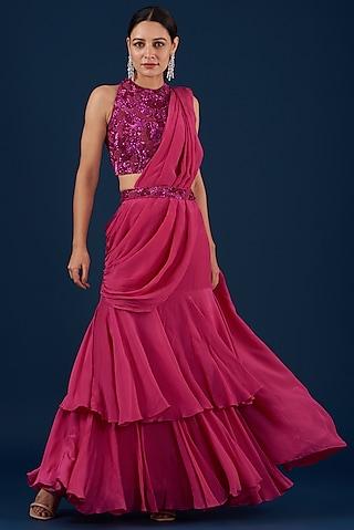 fuchsia pure crepe draped layered saree set