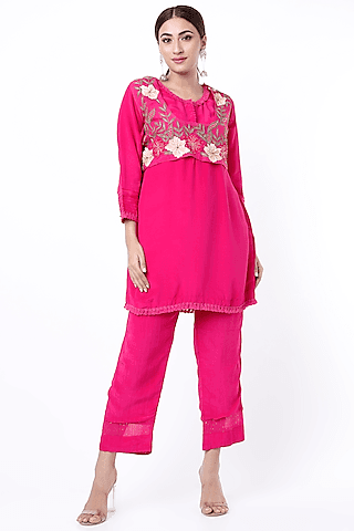 fuchsia pure silk & crepe kurta set