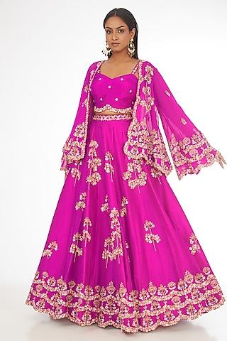 fuchsia pure silk georgette & dupion silk thread embroidered lehenga set