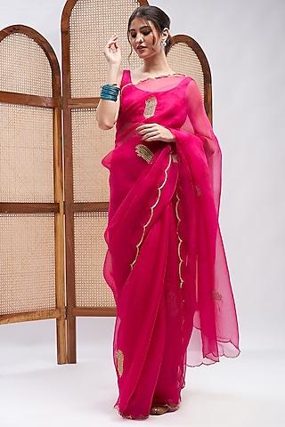 fuchsia pure silk organza resham embroidered saree set