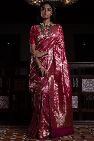 fuchsia pure silk zari work handloom banarasi saree