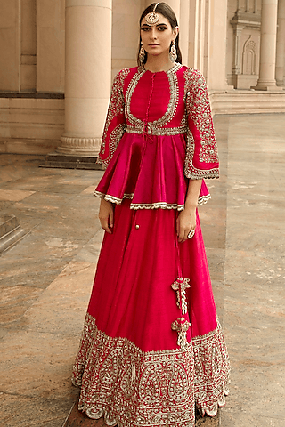 fuchsia raw silk embroidered lehenga set