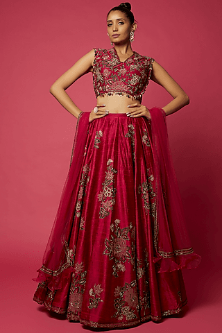 fuchsia raw silk embroidered lehenga set