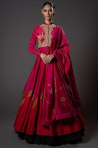 fuchsia red chanderi silk floral embroidered anarkali set