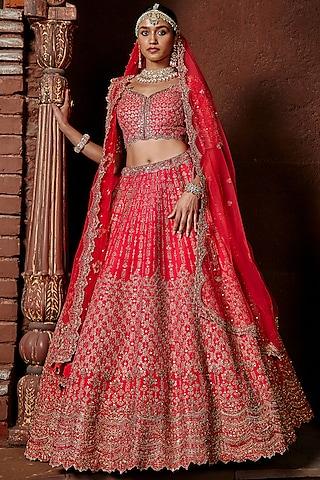 fuchsia red raw silk zari embroidered lehenga set