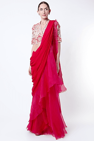 fuchsia ruffled draped saree set