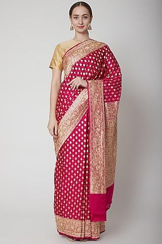 fuchsia saree with hand embroidery