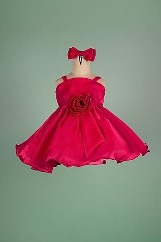 fuchsia satin art organza dress for girls