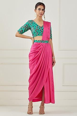 fuchsia satin draped saree set