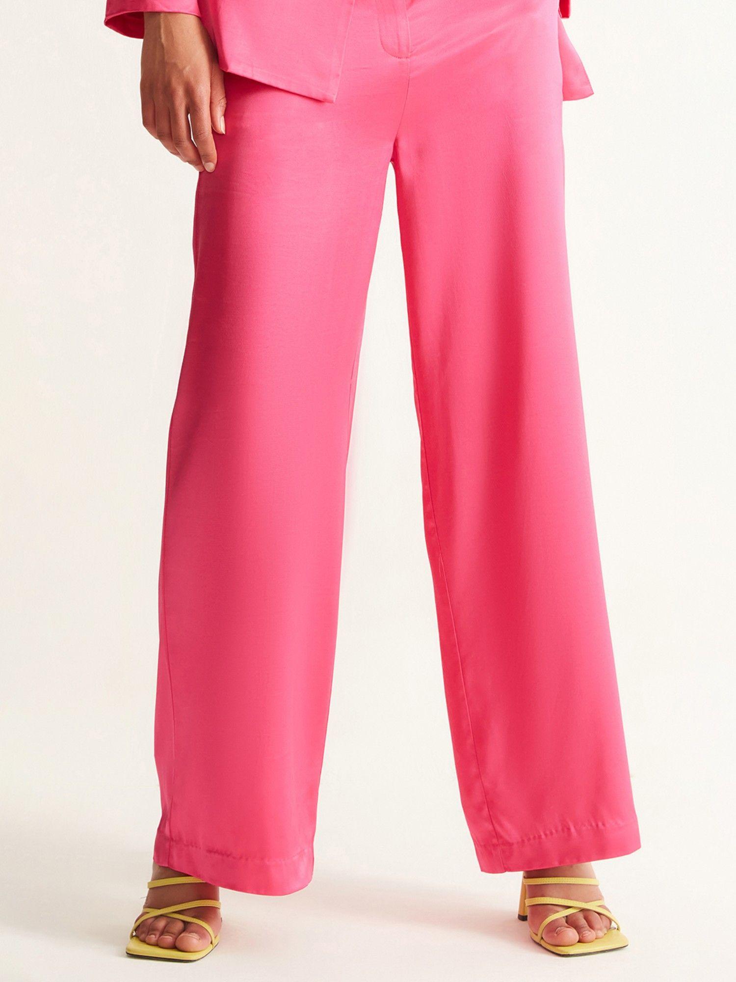 fuchsia satin flared trousers