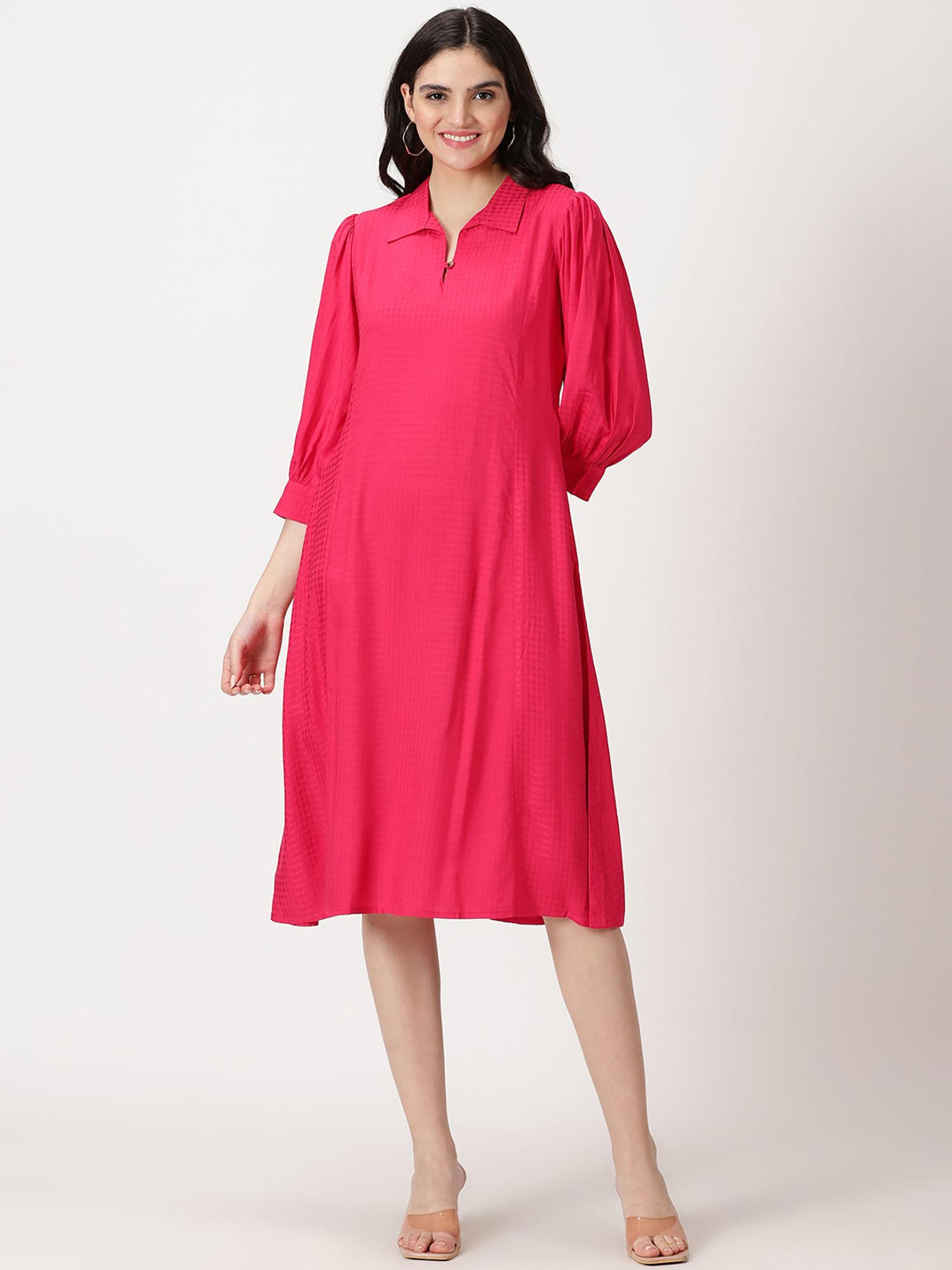 fuchsia self design shirt collar knee length dress