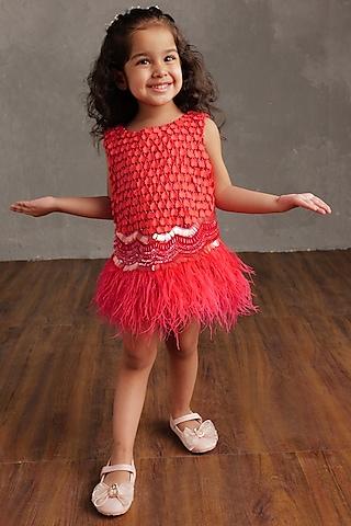 fuchsia semi hard net embellished dress for girls