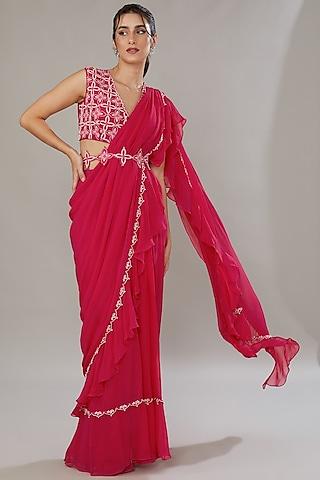 fuchsia silk & georgette hand embroidered frilled saree set