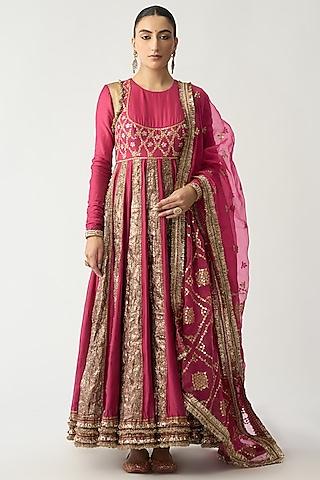 fuchsia silk chanderi anarkali set