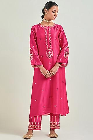 fuchsia silk chanderi embroidered kurta set