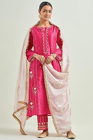 fuchsia silk chanderi embroidered kurta set