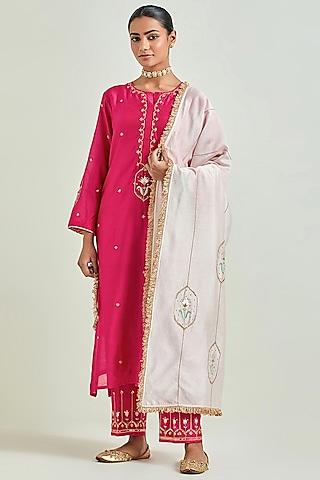 fuchsia silk chanderi embroidered kurta set