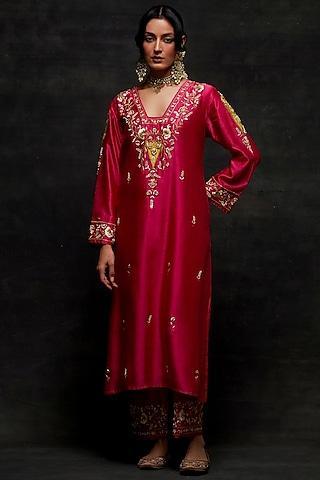 fuchsia silk chanderi floral embroidered kurta set