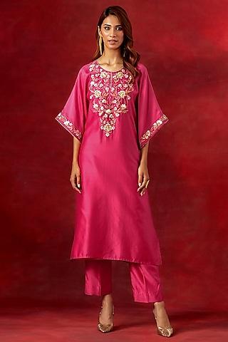 fuchsia silk chanderi resham embroidered kurta set