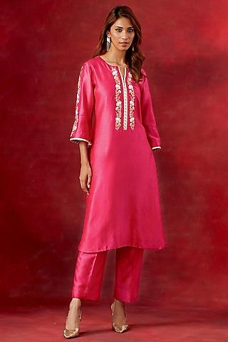 fuchsia silk chanderi resham embroidered kurta set