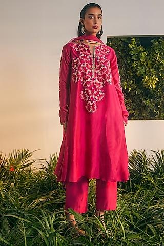 fuchsia silk chanderi thread embroidered kalidar kurta set