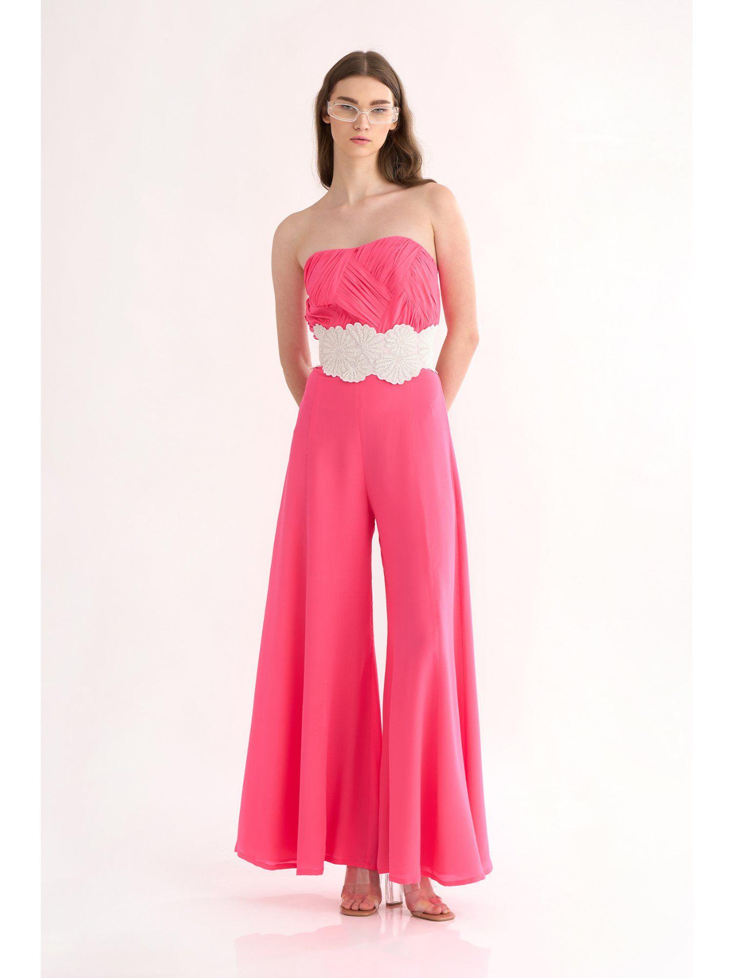 fuchsia silk crepe drape tube jumpsuit with white 3d embroidered belt (set of 2)